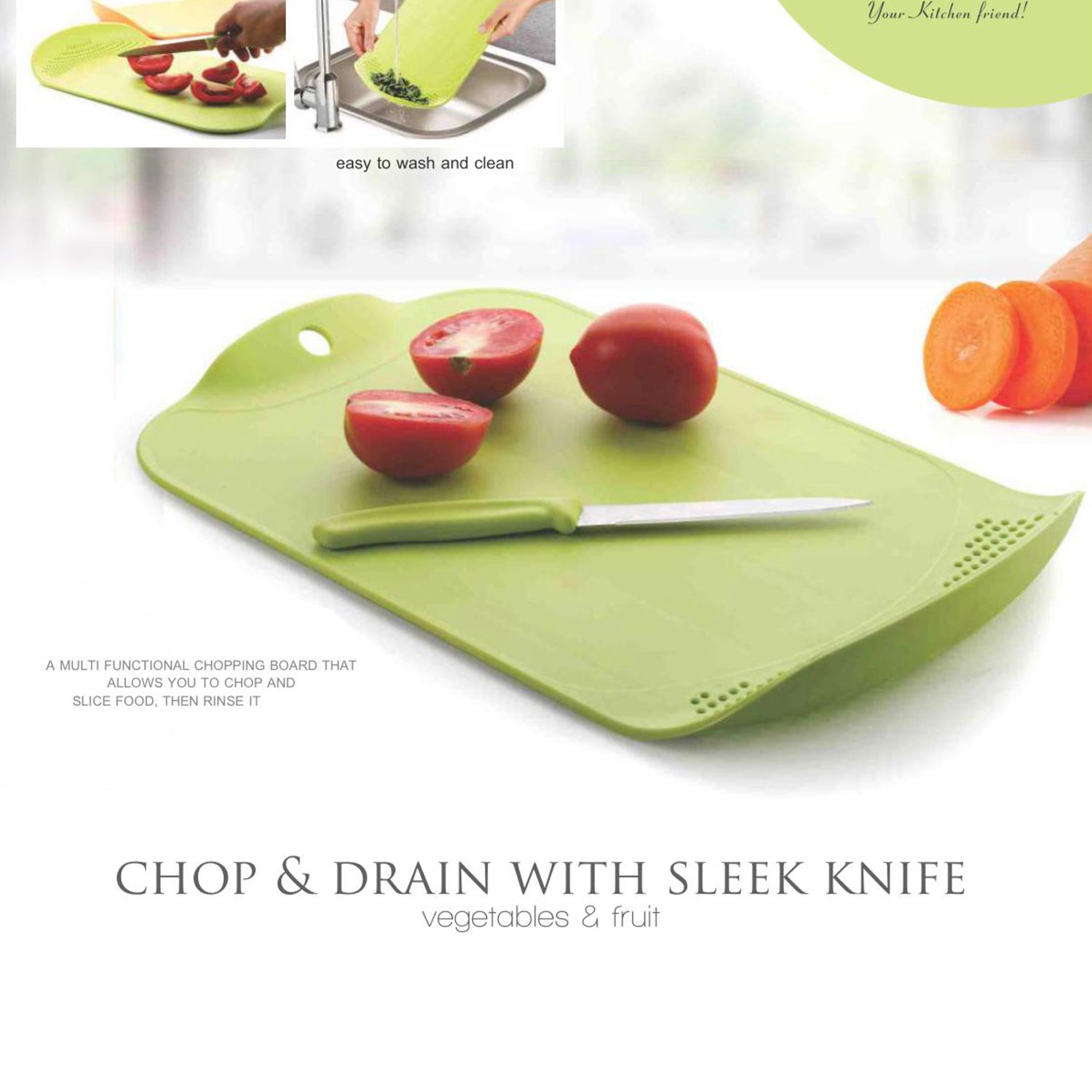 2229 Chop & Drain Vegetables Fruits Chopping Board Sleek Knife