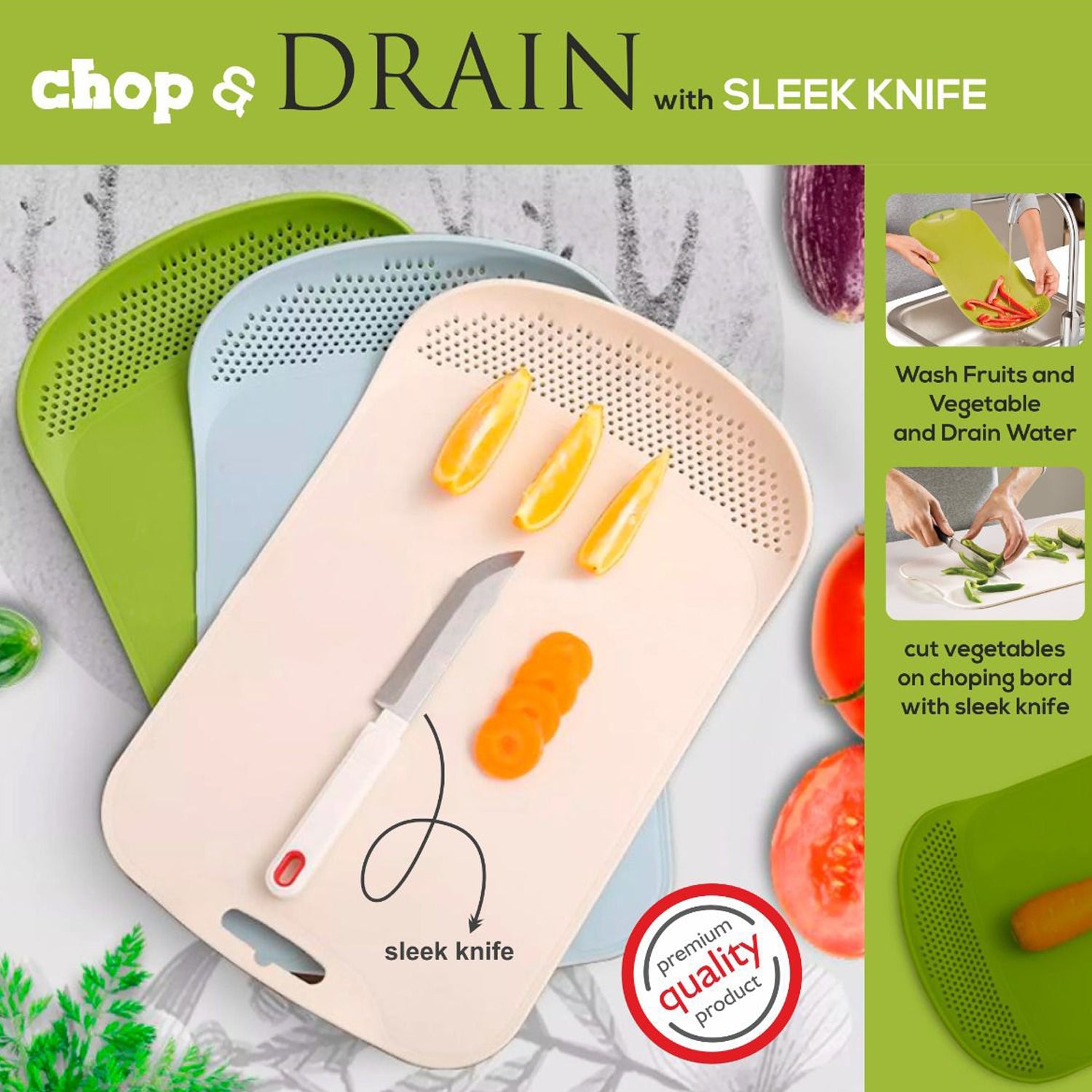 2229 Chop & Drain Vegetables Fruits Chopping Board Sleek Knife