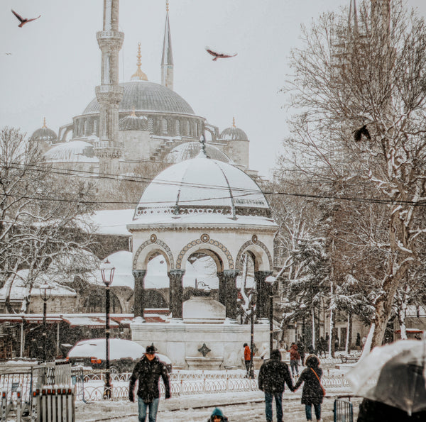 The German Fountain and the Blue Mosque, also known as the Sultan Ahmed Mosque, in snow.