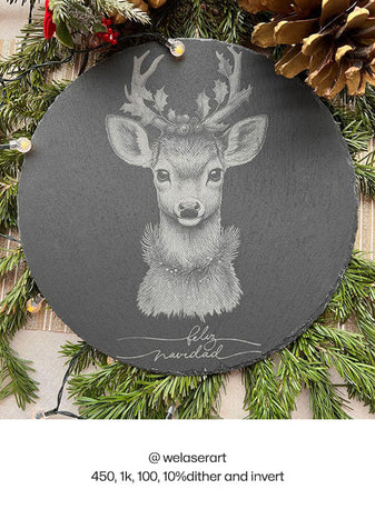 Slate plate with deer engraving, made by welaserart