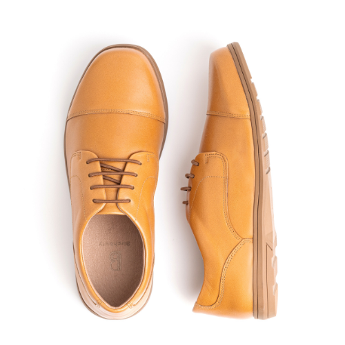 Top-down view of a pair of tan dress shoes on a white background.