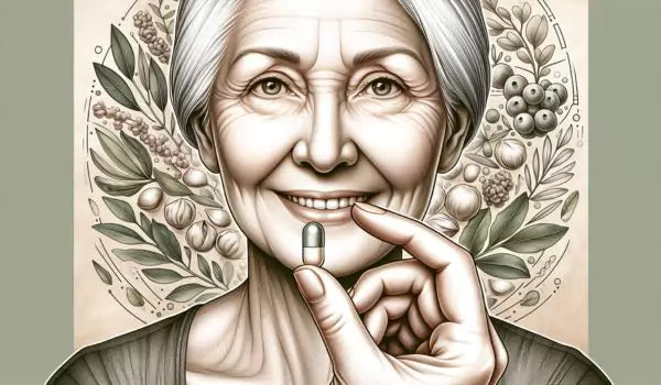 Mulher idosa tomando uma pílula suplementar