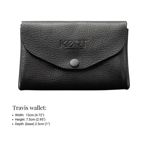 Travis leather wallet size: 12cm wide x 7.5cm tall x 2.5cm deep