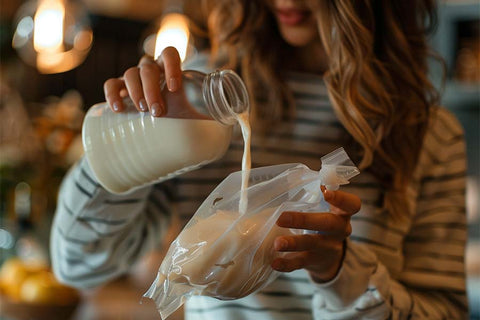 A mother holds a bottle and pours milk