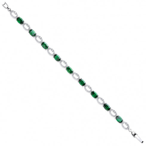 925 Sterling Silver Oval Cut Green & Clear Czs Tennis Bracelet