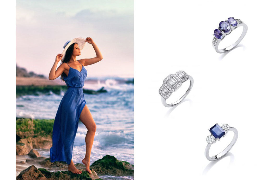 White gold three stone rings and girl in blue dress