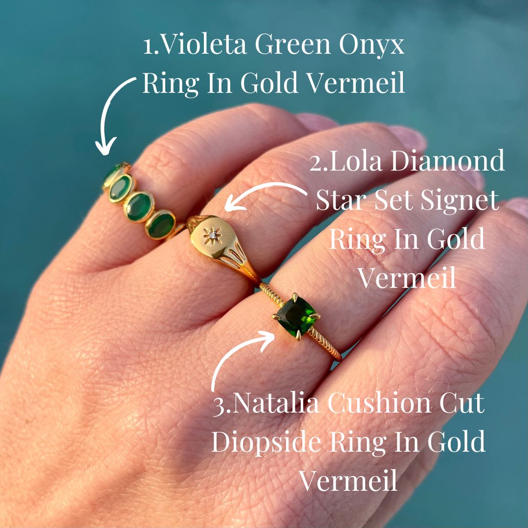 Carrie Elizabeth ring stack with gold and green onyx gemstone rings