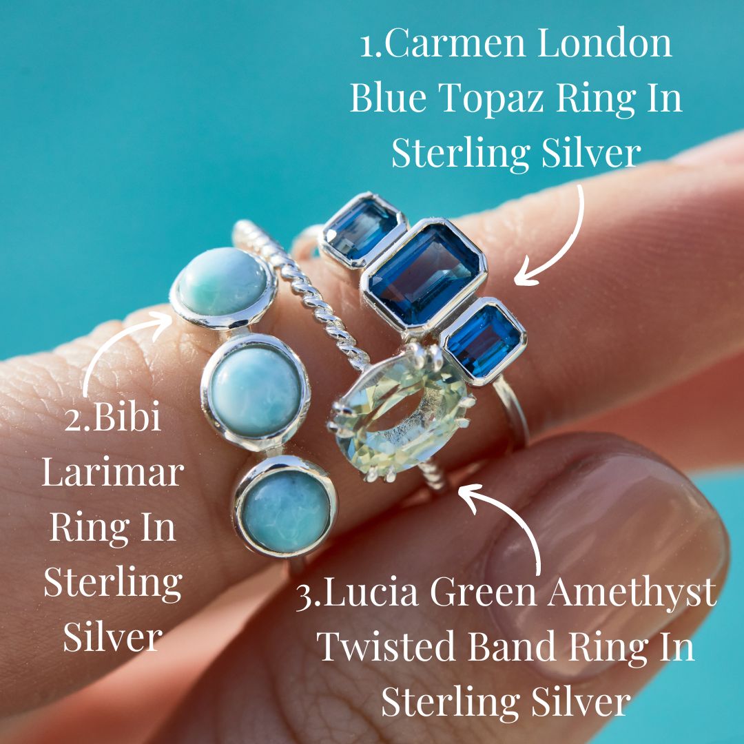 Carrie Elizabeth ring stack with sterling silver and blue topaz, green amethyst and larimar gemstone rings