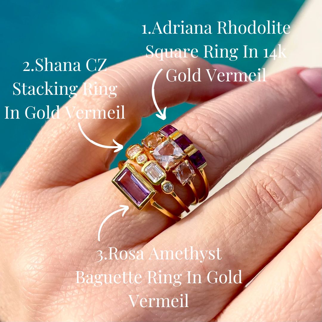 Carrie Elizabeth ring stack with rhodolite and amethyst gemstone rings