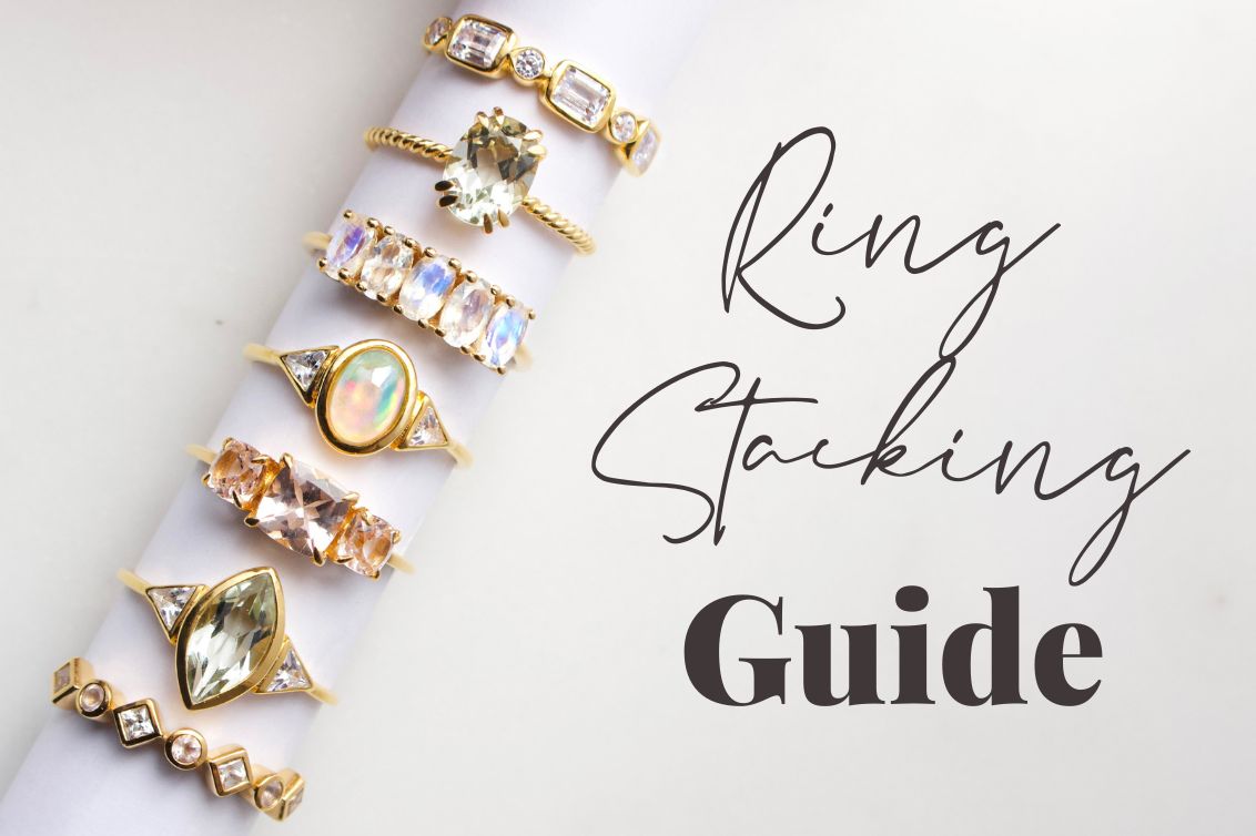 Carrie Elizabeth Ring Stacking Guide featuring opal, topaz, diamond and sparkling moonstone gemstone rings