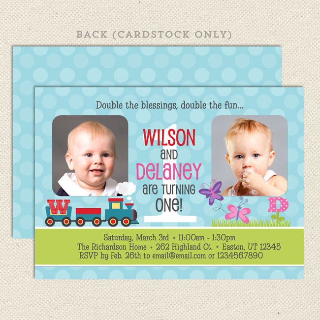 Butterfly & Train Joint Birthday Party Invitations – Lil' Sprout Greetings