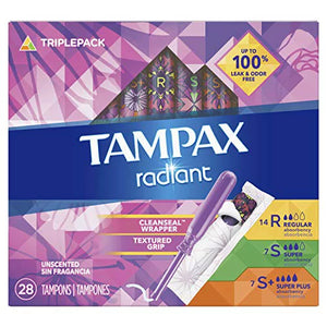 Tampax Radiant Tampons Trio Pack Regular/Super/Super Plus Absorbency, Unscented, 28 Count - Camaliche Pharmacy