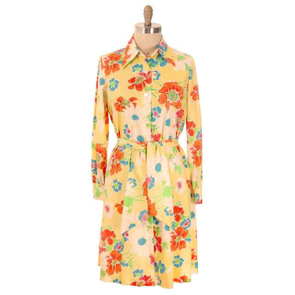 Vintage A-line Dress Yellow Printed Floral Large 1970s Leo Narducci - The Best Vintage Clothing
 - 1