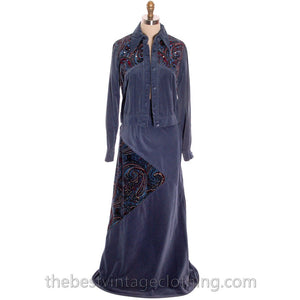 Vintage Maxi Skirt Suit Blue Velvet 1970s Lee Jordan Paisley Embellished 10 M - The Best Vintage Clothing
 - 1
