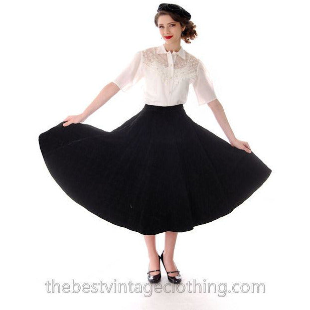 Vintage Circle Skirt Black Velvet Quilted 1950s Campus Casuals 28 Wais ...