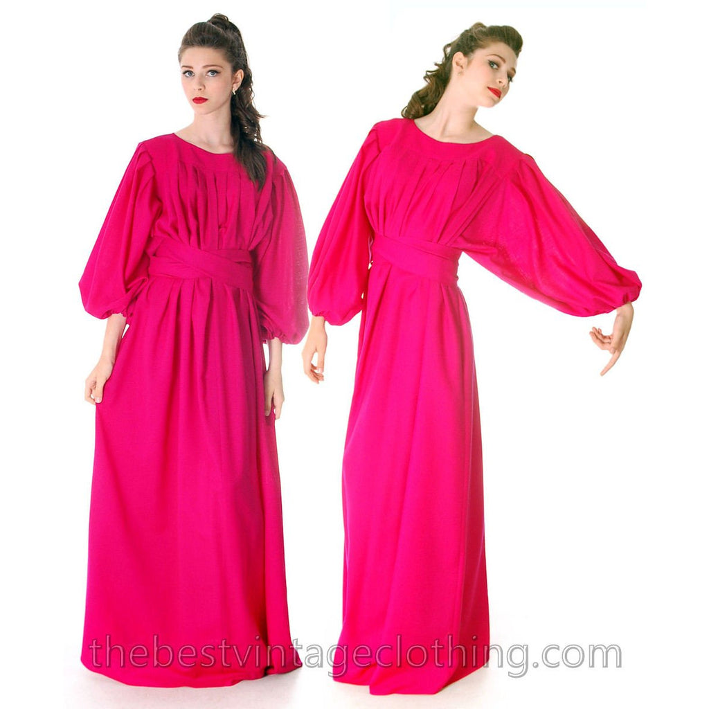 Stunning Vintage 1970s Vuokko Gown Fuchsia Pink Wool Voile Long Voluminous M