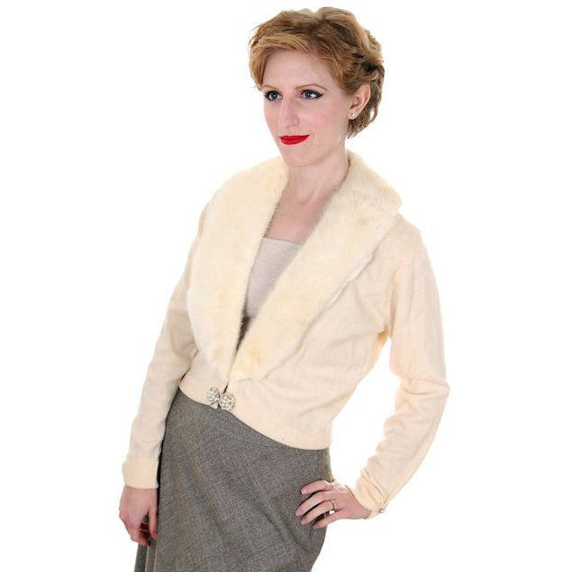 Vintage 50s Cream Cashmere Sweater with Removeable Mink Collar