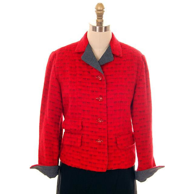 Vintage Ladies Short Jacket Red/ Gray  Mohair Med-Large 1950s