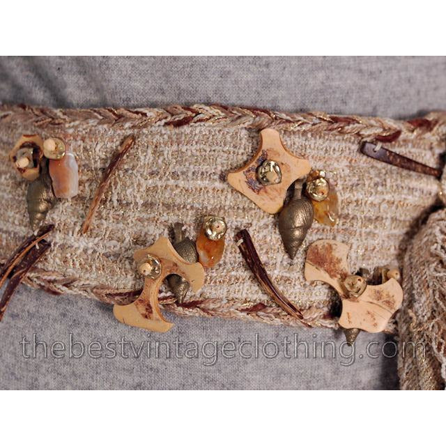 Vintage 1980s Belt Stijfselkissie Marijke Benedict Natural Linen Shells Wood Trinkets. Medium