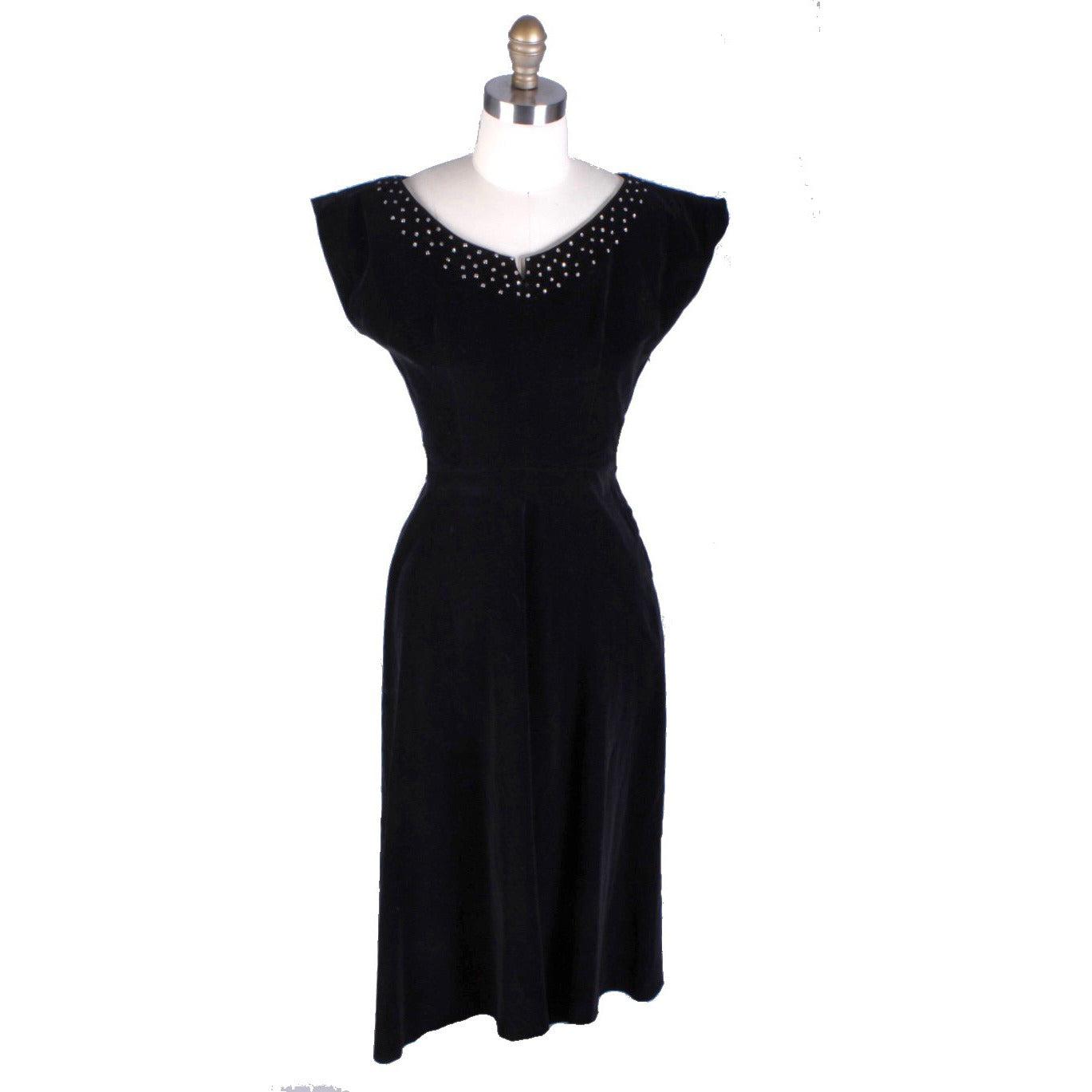 Full Skirted Vintage Black Velvet Party Dress 1950S 36-28-Free Rhinest ...