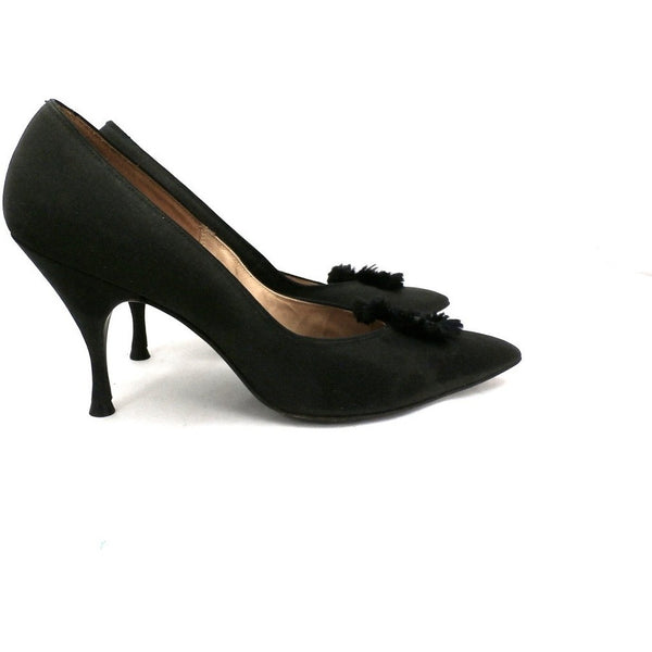 Vintage Black Peau De Soie SIlk Pumps 3.5 " Stiletto Heels 1950S Women