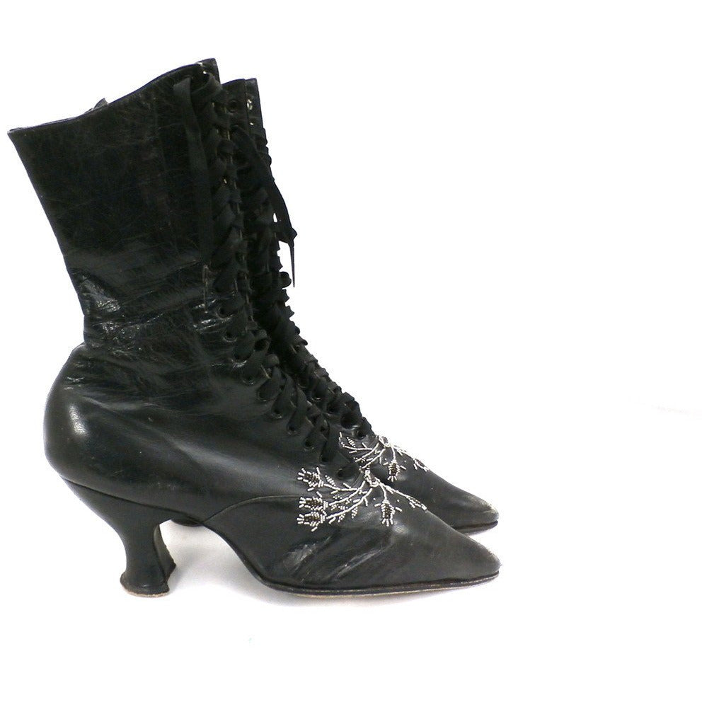 Antique Vintage Black Leather Spool Heel Boots Beaded Vamp Sz 5 – The ...