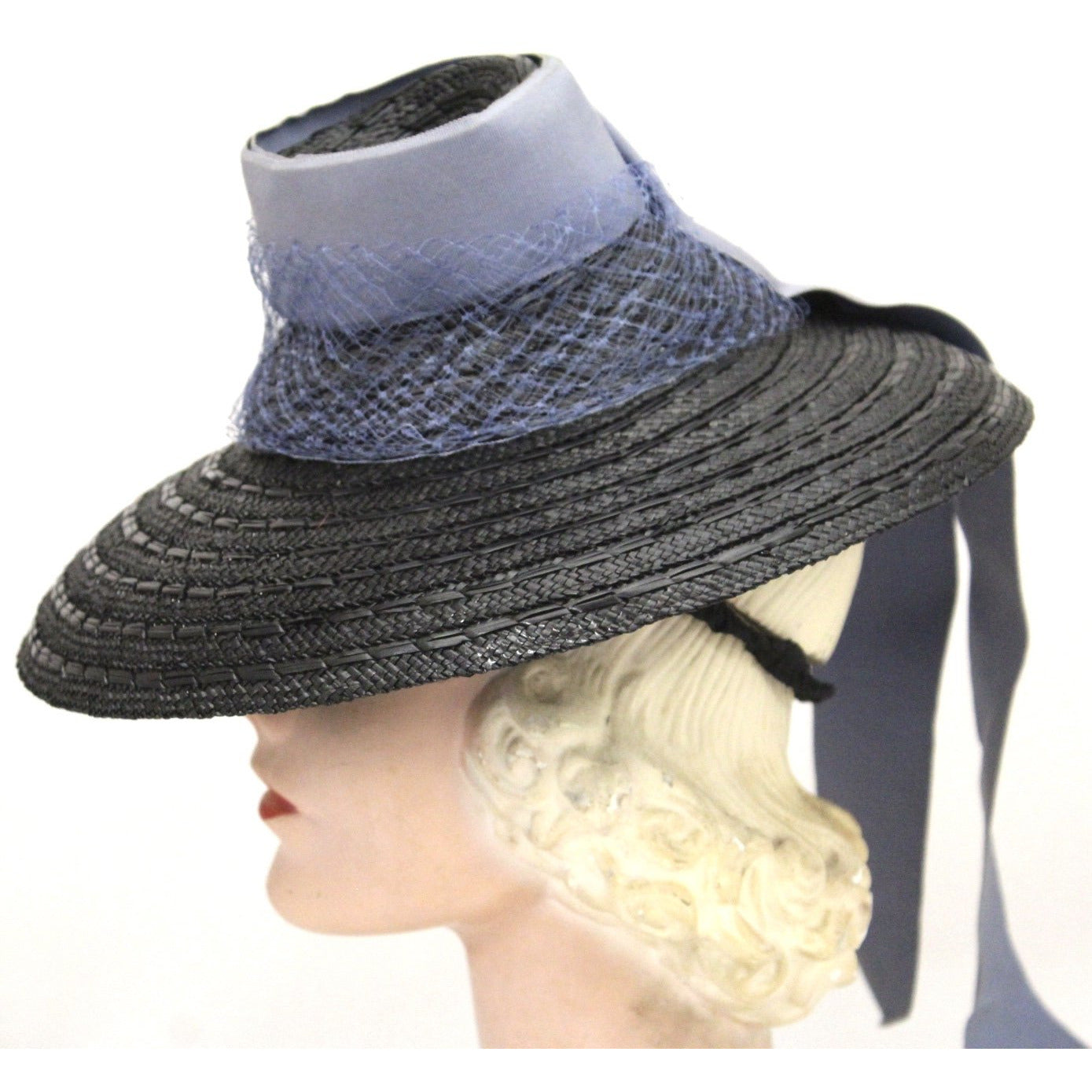 Vintage Brimmed Fascinator Hat Tri-Color Cone 1940s WW2 Navy Blue