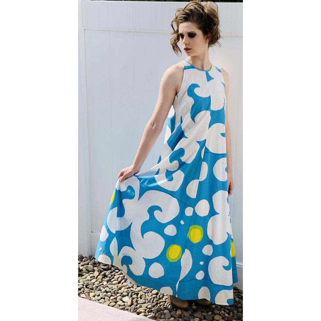 VTG 1966 RARE Marimekko Maxi Gown Turquoise Blue, White, Yellow ”Keida ...