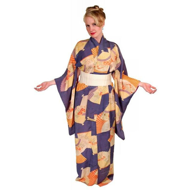 Vintage Silk Kimono Fan Motif Periwinkle Peach 1920S – The Best Vintage ...