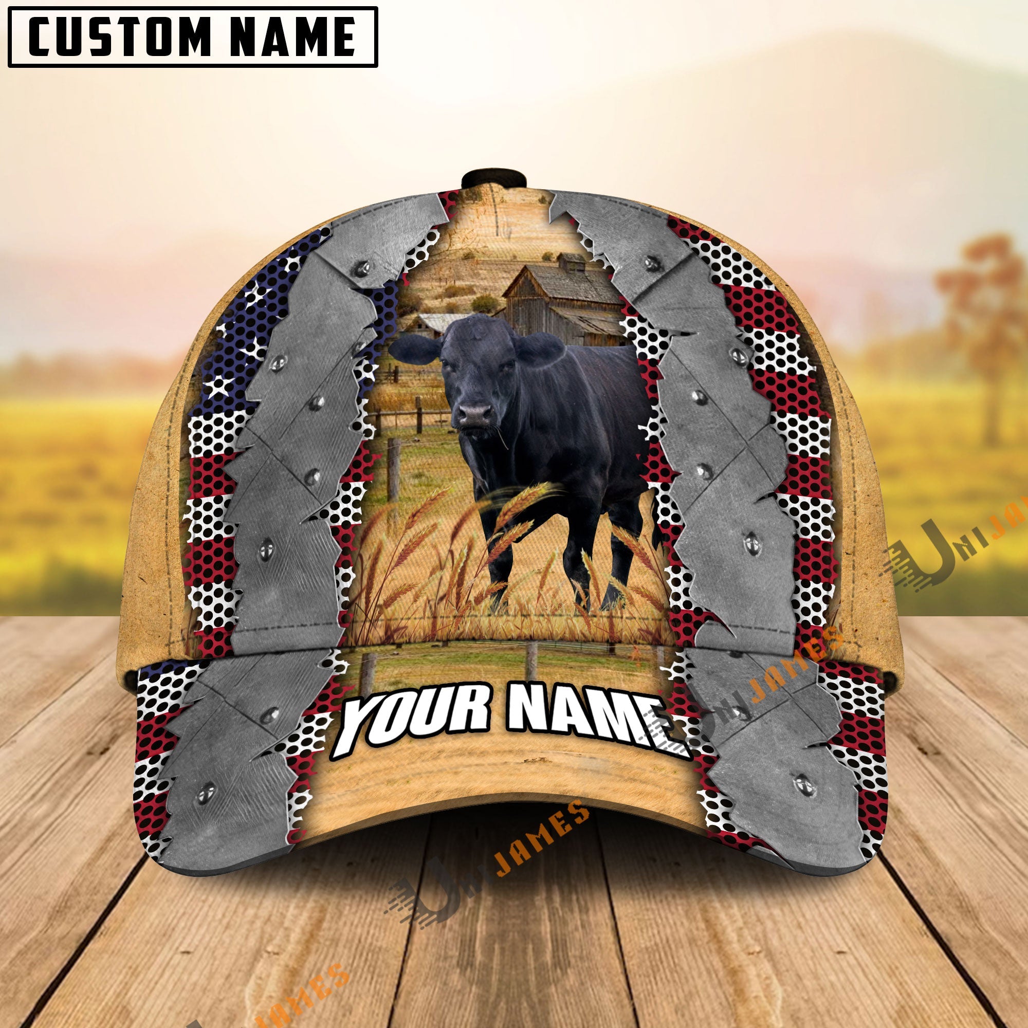 Uni Black Angus Flag Net Pattern Customized Name Cap