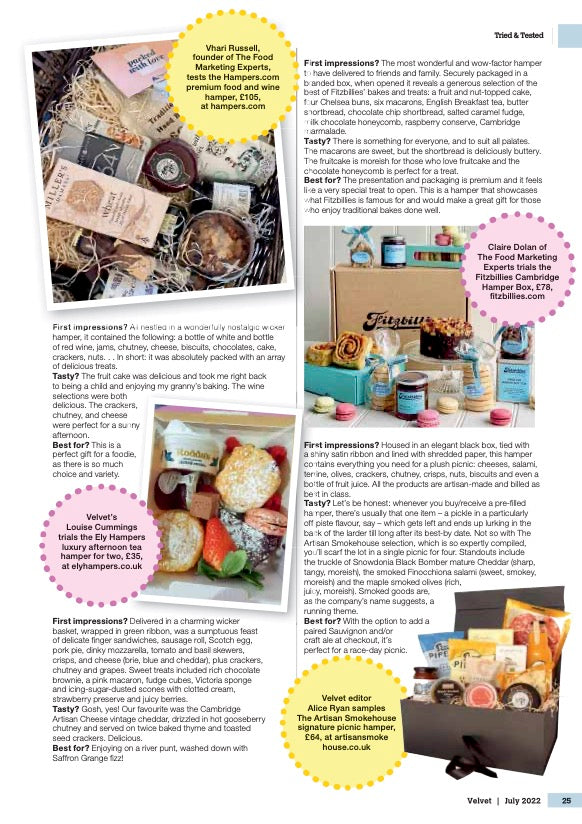 The Artisan Smokehouse's Picnic hamper featuring in the Velvet Magazine's top 6 picnic hampers