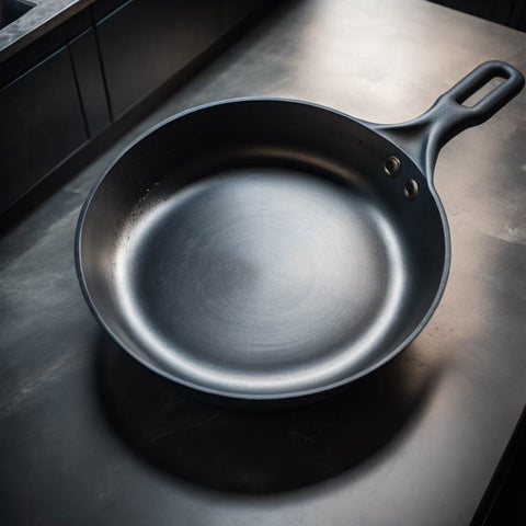 Clean cast iron skillet resting on a metal counter - perfect for cooking and kitchen enthusiasts