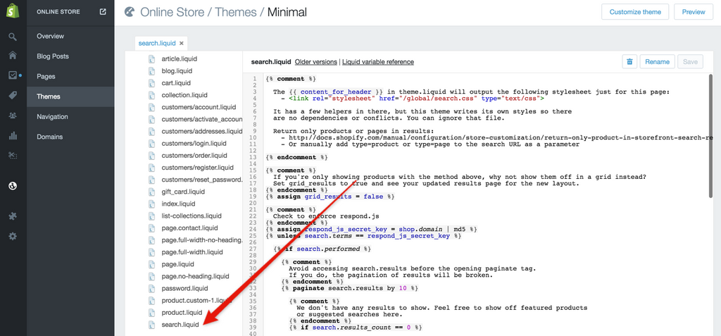 Open search.liquid in the theme editor