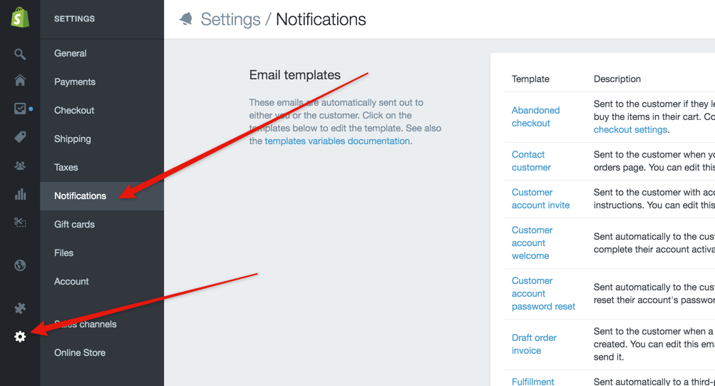 Shopify settings - notifications