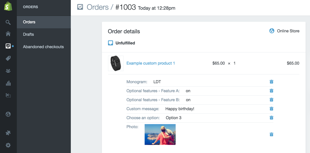 Shopify custom product - order admin