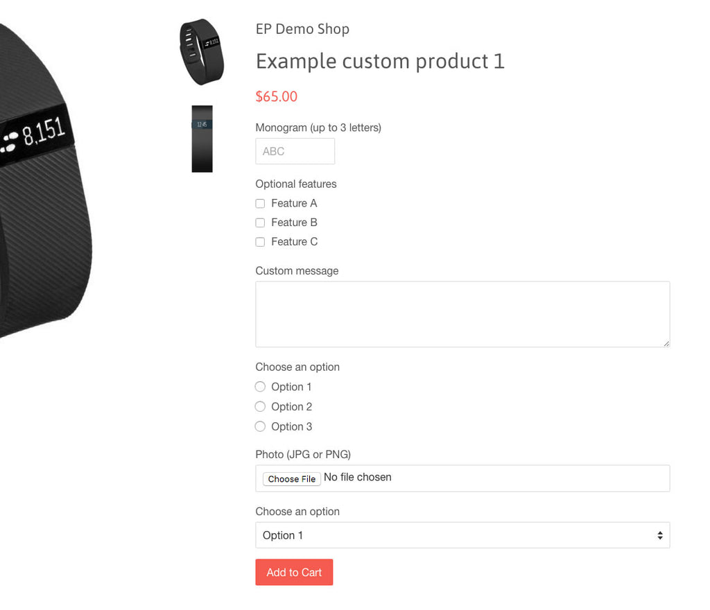 Shopify custom product options - no app