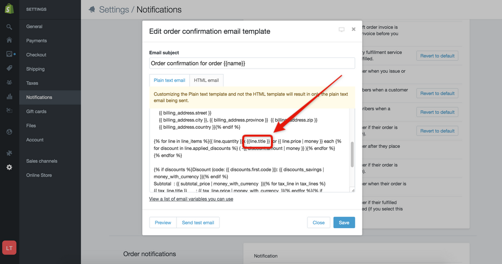 Shopify notification - Plain text template
