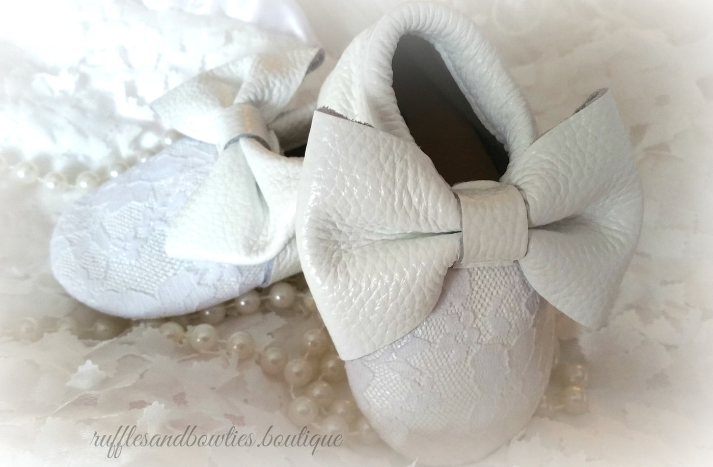 White with White Lace Big Bow Leather 