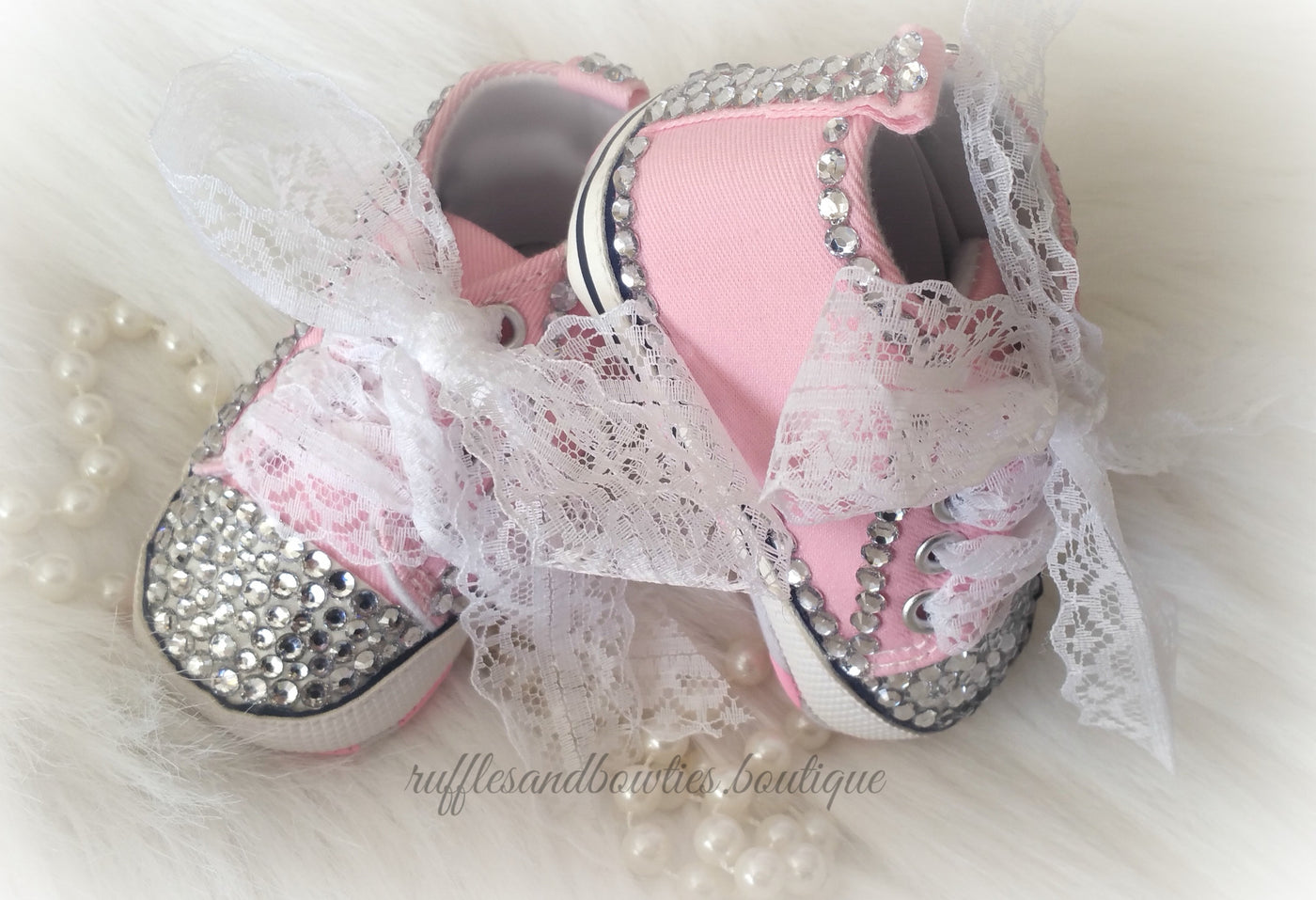 Baby Girl Crystal Converse Shoes - Pink High tops out with Crystals and Lace for Ribbons | Ruffles & Bowties Bowtique