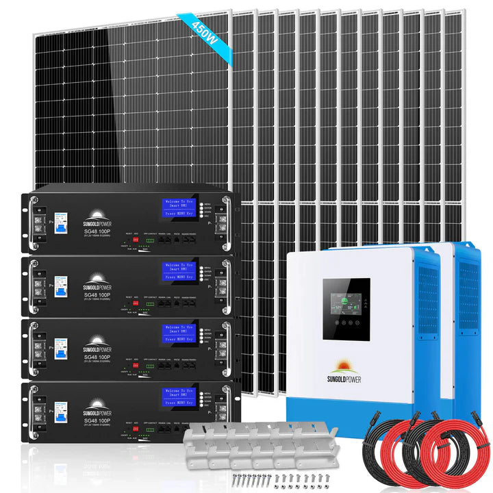 SunGold Power Off Grid Solar Kit 10000W 48VDC 120V/240V LIFEPO4 20.48KWH Lithium Battery 12X450 Watts Solar Panels SGR-10K2M