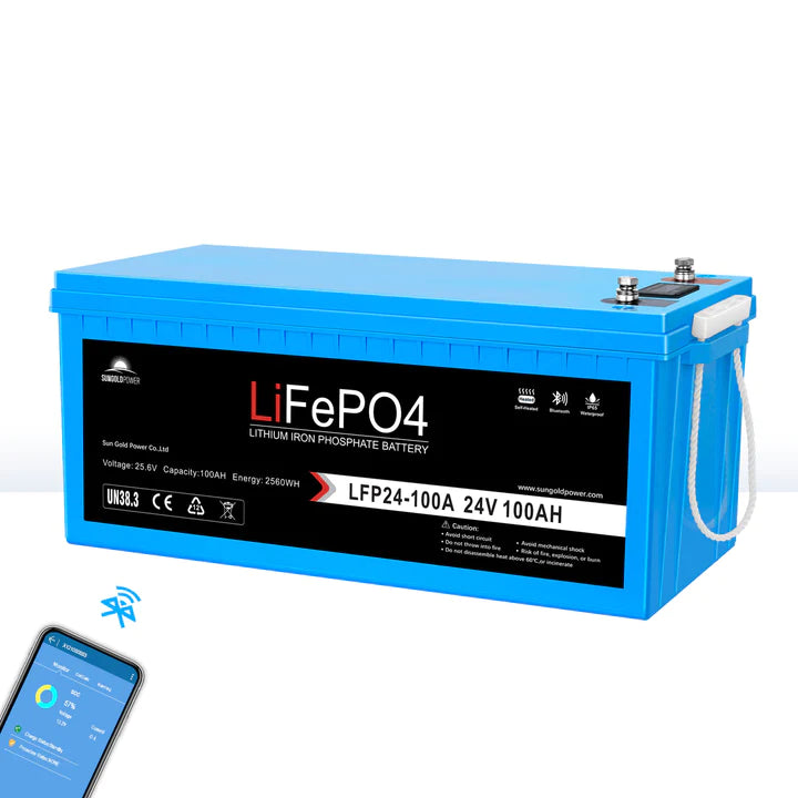 SunGold Power 24V 100AH LIFEPO4 Deep Cycle Lithium Battery Bluetooth / Self-Heating / IP65