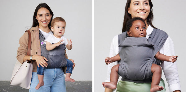 composite image of woman carrying babies facing forwards in Izmi Baby Carrier and Izmi Breeze Baby Carrier