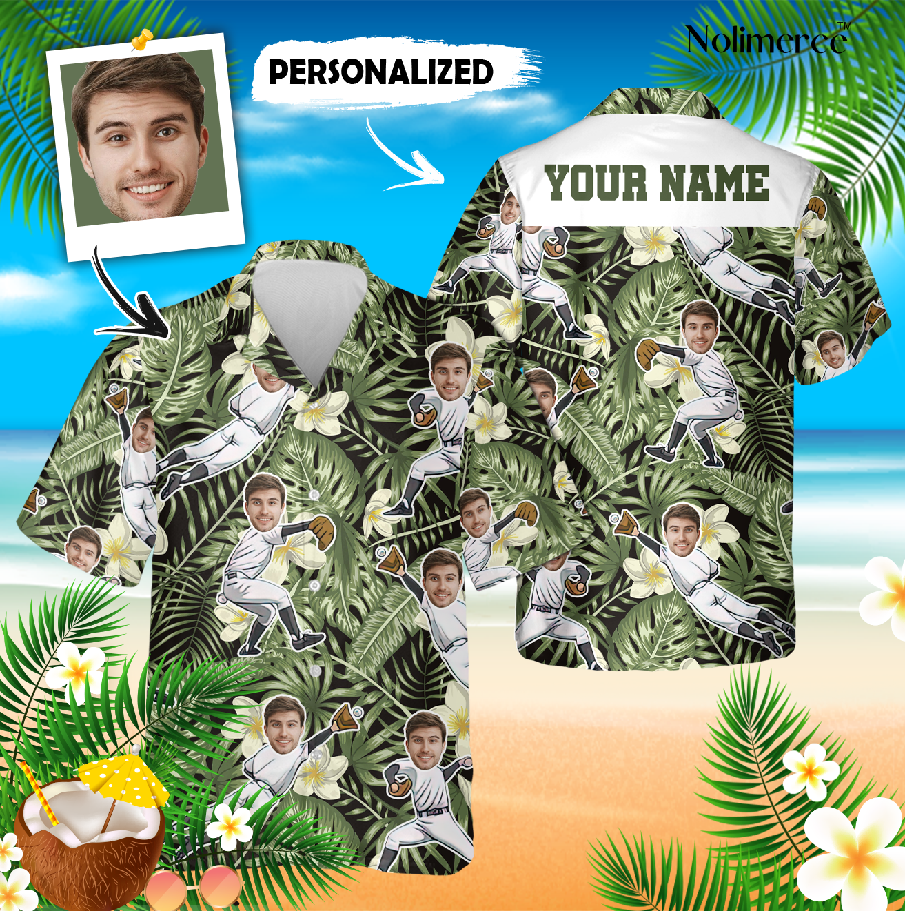 Custom face baseball Hawaiian shirt, Personalized face baseball player palm leaves button shirt