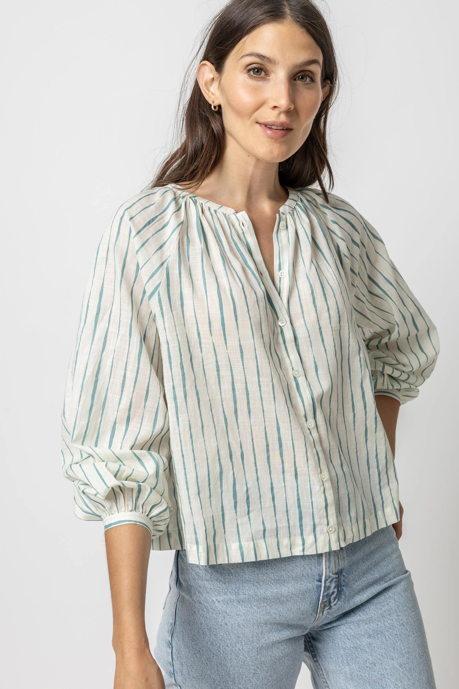 Raglan Button Down with Shirring
