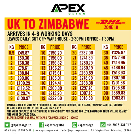 DHL International Shipping Rates for Zimbabwe