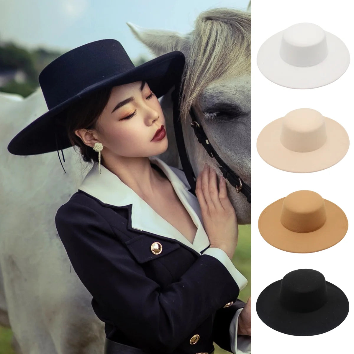 Big Wide Brim French Fedora Hat Solid Classic Wool Jazz Flat Brim