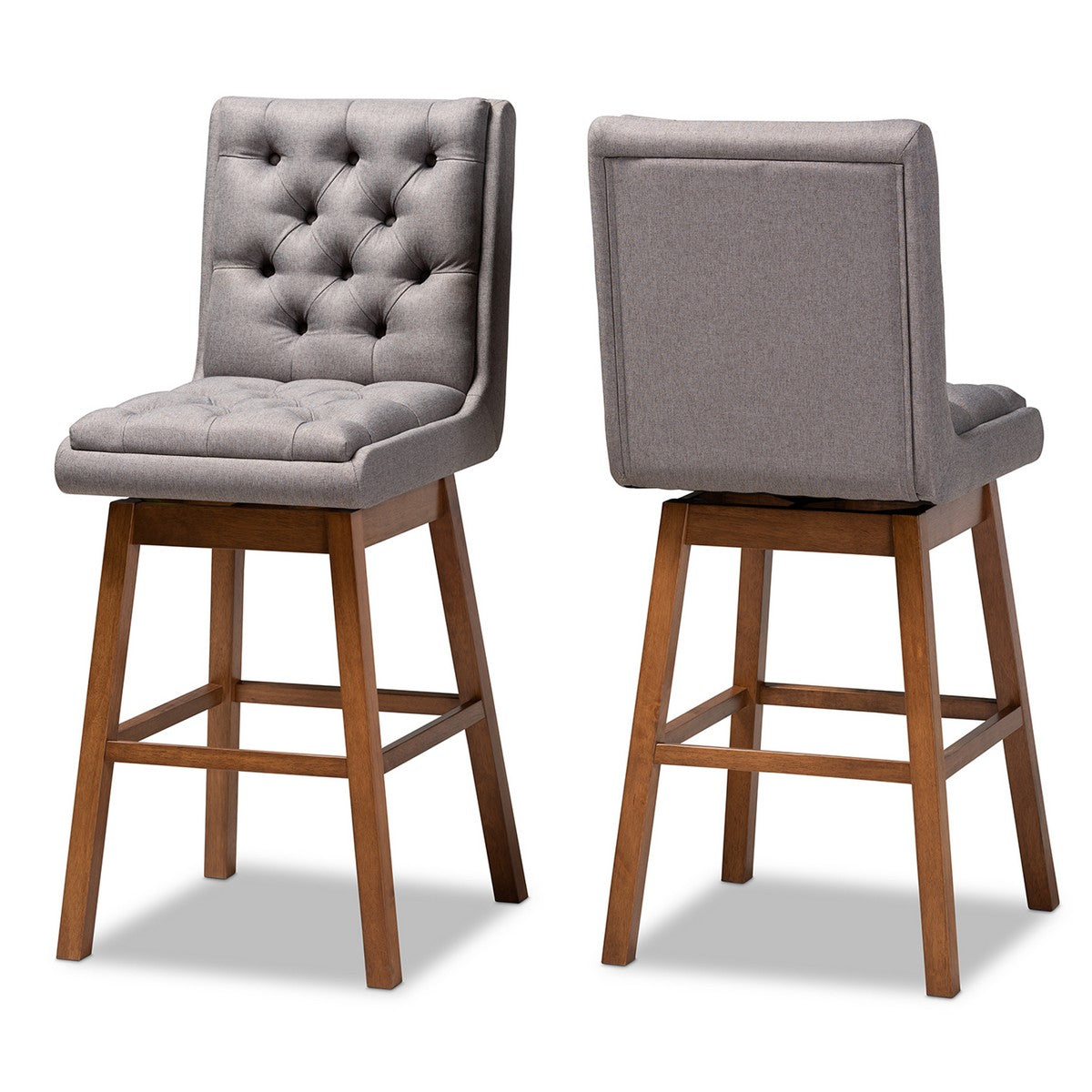 Baxton Studio Gregory Modern Transitional Grey Fabric Upholstered and Walnut Brown Finished Wood 2-Piece Swivel Bar Stool Set Set Baxton Studio-Bar Stools-Minimal And Modern - 1