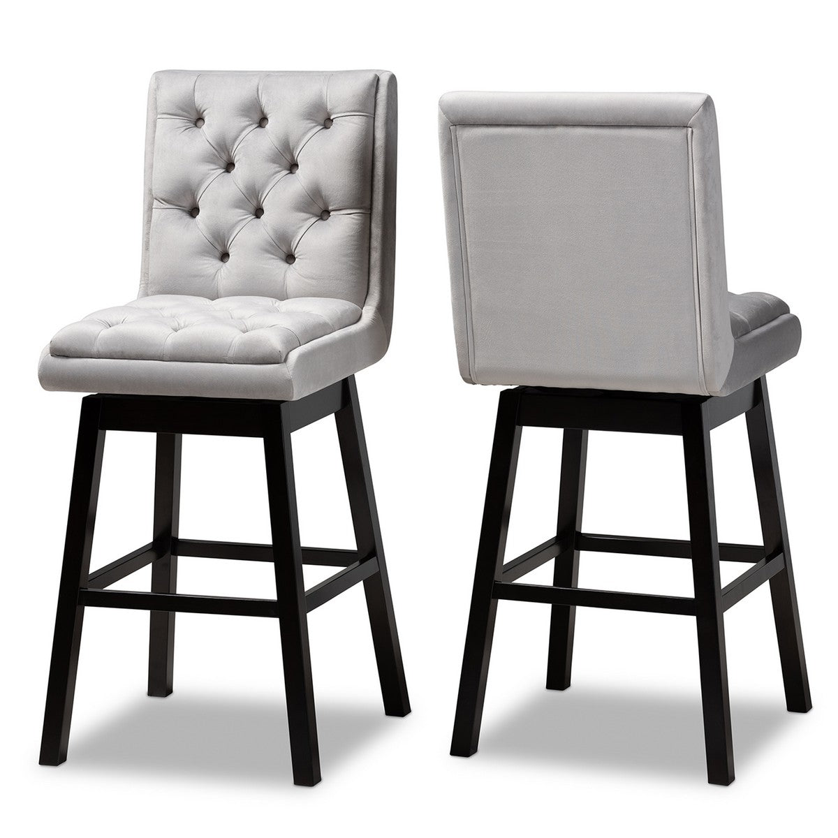 Baxton Studio Gregory Modern Transitional Light Grey Velvet Fabric Upholstered and Dark Brown Finished Wood 2-Piece Swivel Bar Stool Set Set Baxton Studio-Bar Stools-Minimal And Modern - 1