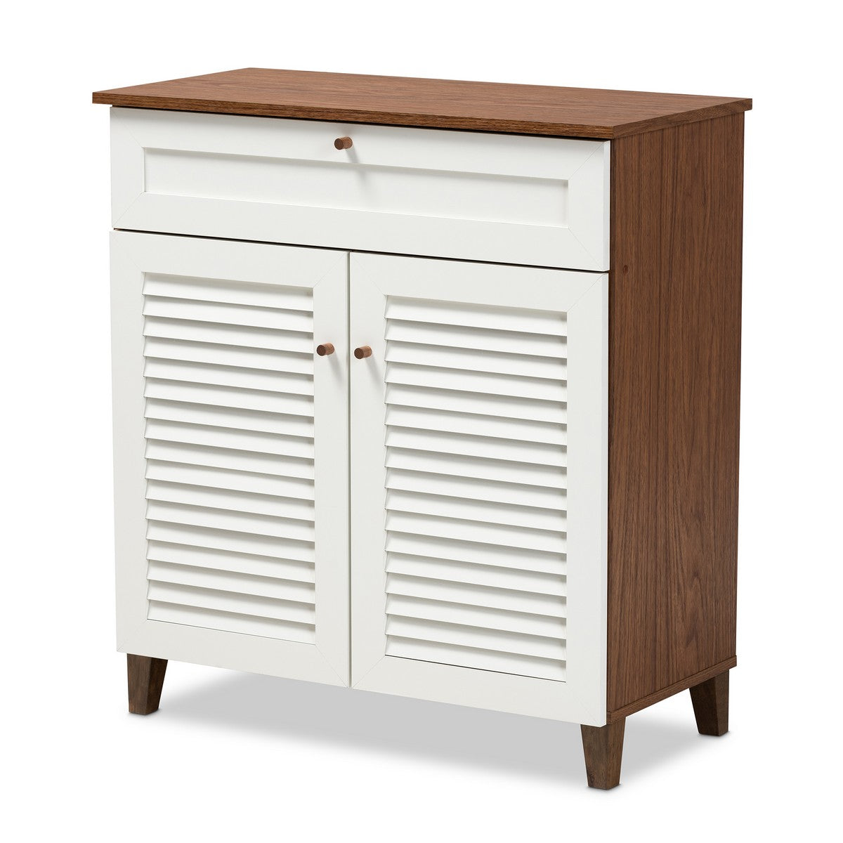 Baxton Studio Coolidge Modern and Contemporary White and Walnut Finished 4-Shelf Wood Shoe Storage Cabinet with Drawer Baxton Studio-Shoe Cabinets-Minimal And Modern - 1