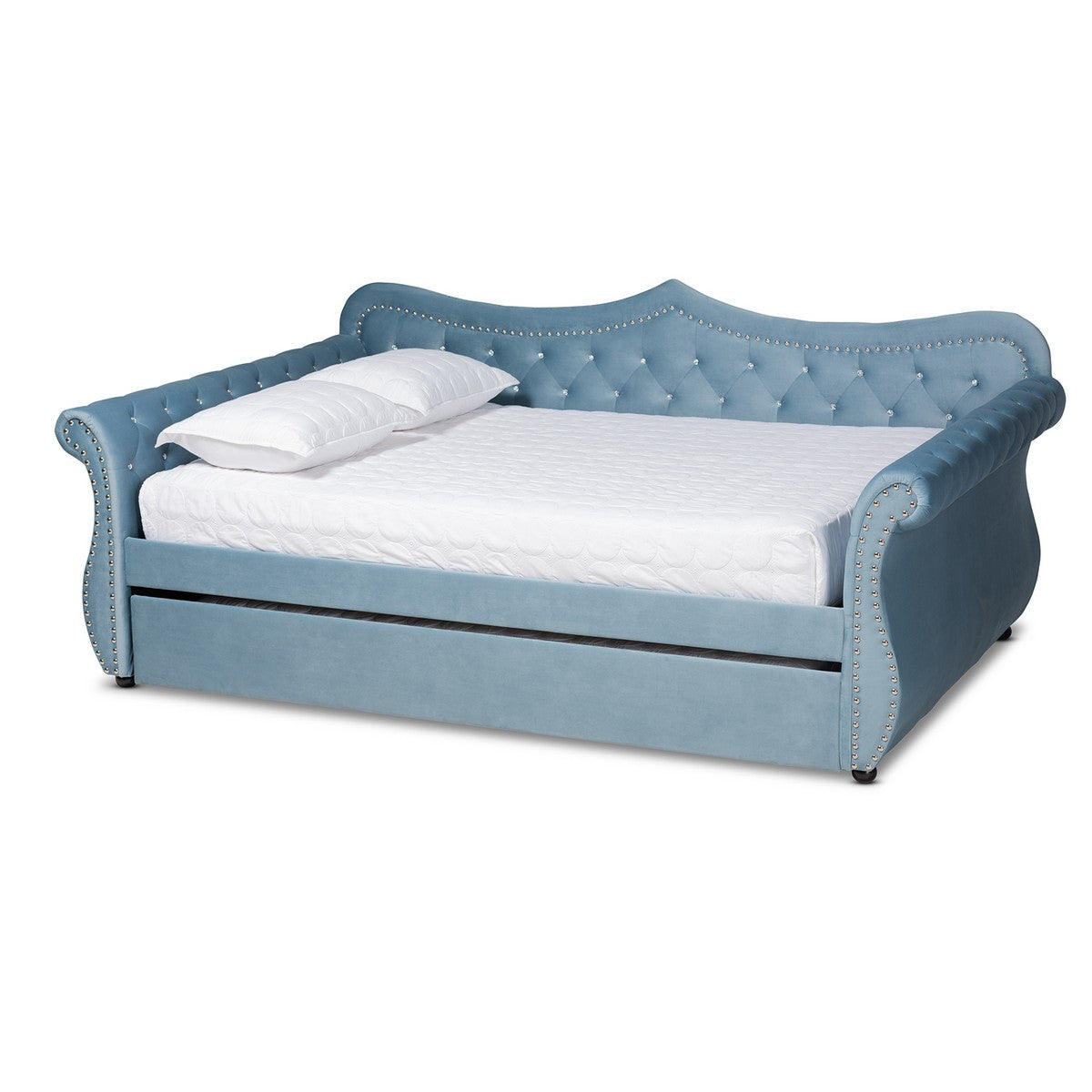 Baxton Studio Abbie Traditional and Transitional Light Blue Velvet Fabric Upholstered and Crystal Tufted Full Size Daybed with Trundle Baxton Studio-daybed-Minimal And Modern - 1